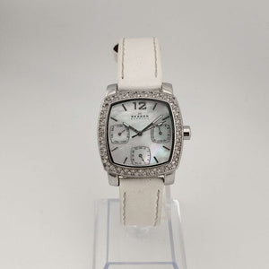 I Like Mikes Mid Century Modern Watches Skagen Women's Watch, Mother of Pearl Dial, Jewel Details, White Genuine Leather Strap