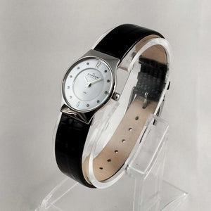 I Like Mikes Mid Century Modern Watches Skagen Women's Watch, Mother of Pearl Dial, Jewel Hour Markers, Black Genuine Patent Leather Strap