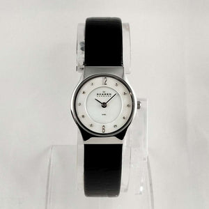 I Like Mikes Mid Century Modern Watches Skagen Women's Watch, Mother of Pearl Dial, Jewel Hour Markers, Black Genuine Patent Leather Strap