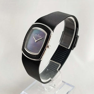 I Like Mikes Mid Century Modern Watches Skagen Women's Watch, Oval Mother of Pearl Dial, Black Mesh Strap