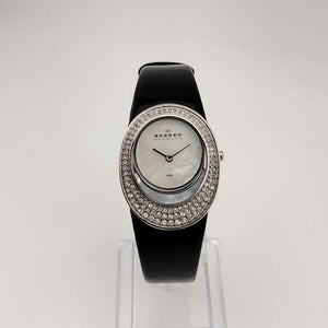 I Like Mikes Mid Century Modern Watches Skagen Women's Watch, Silver Tone and Jewel Details, Mother of Pearl Dial, Genuine Black Leather Strap