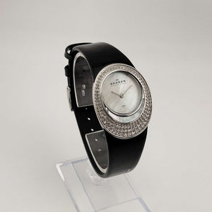 I Like Mikes Mid Century Modern Watches Skagen Women's Watch, Silver Tone and Jewel Details, Mother of Pearl Dial, Genuine Black Leather Strap