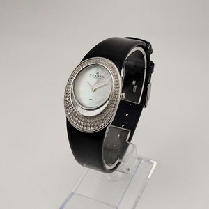 I Like Mikes Mid Century Modern Watches Skagen Women's Watch, Silver Tone and Jewel Details, Mother of Pearl Dial, Genuine Black Leather Strap