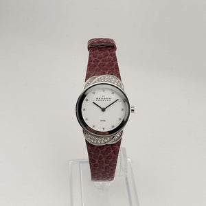 I Like Mikes Mid Century Modern Watches Skagen Women's Watch, Silver Tone and Jewel Details, White Dial, Genuine Purple Leather Strap (Copy)