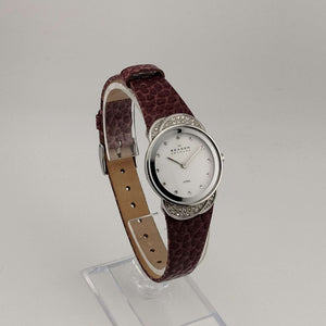 I Like Mikes Mid Century Modern Watches Skagen Women's Watch, Silver Tone and Jewel Details, White Dial, Genuine Purple Leather Strap (Copy)