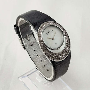 I Like Mikes Mid Century Modern Watches Skagen Women's Watch, Unique Jeweled Face Design, Dark Gray Leather Strap