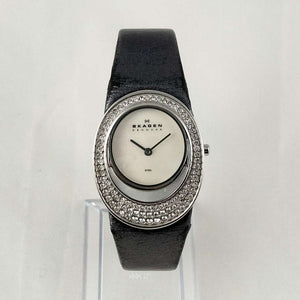 I Like Mikes Mid Century Modern Watches Skagen Women's Watch, Unique Jeweled Face Design, Dark Gray Leather Strap