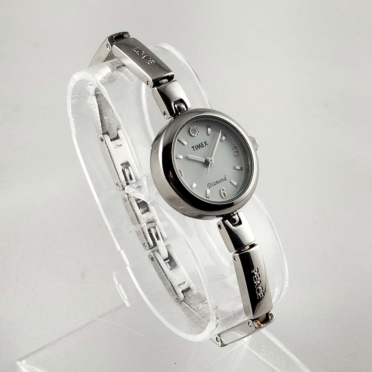 I Like Mikes Mid Century Modern Watches Timex Diamond Silver Tone Watch, Etched Affirmations on Strap
