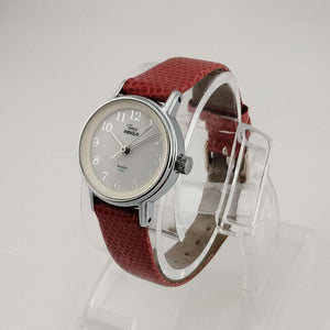 I Like Mikes Mid Century Modern Watches Timex Indiglo Silver Tone Watch, Circular Dial, Red Genuine Leather Strap
