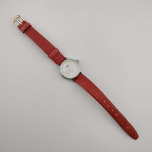 I Like Mikes Mid Century Modern Watches Timex Indiglo Silver Tone Watch, Circular Dial, Red Genuine Leather Strap
