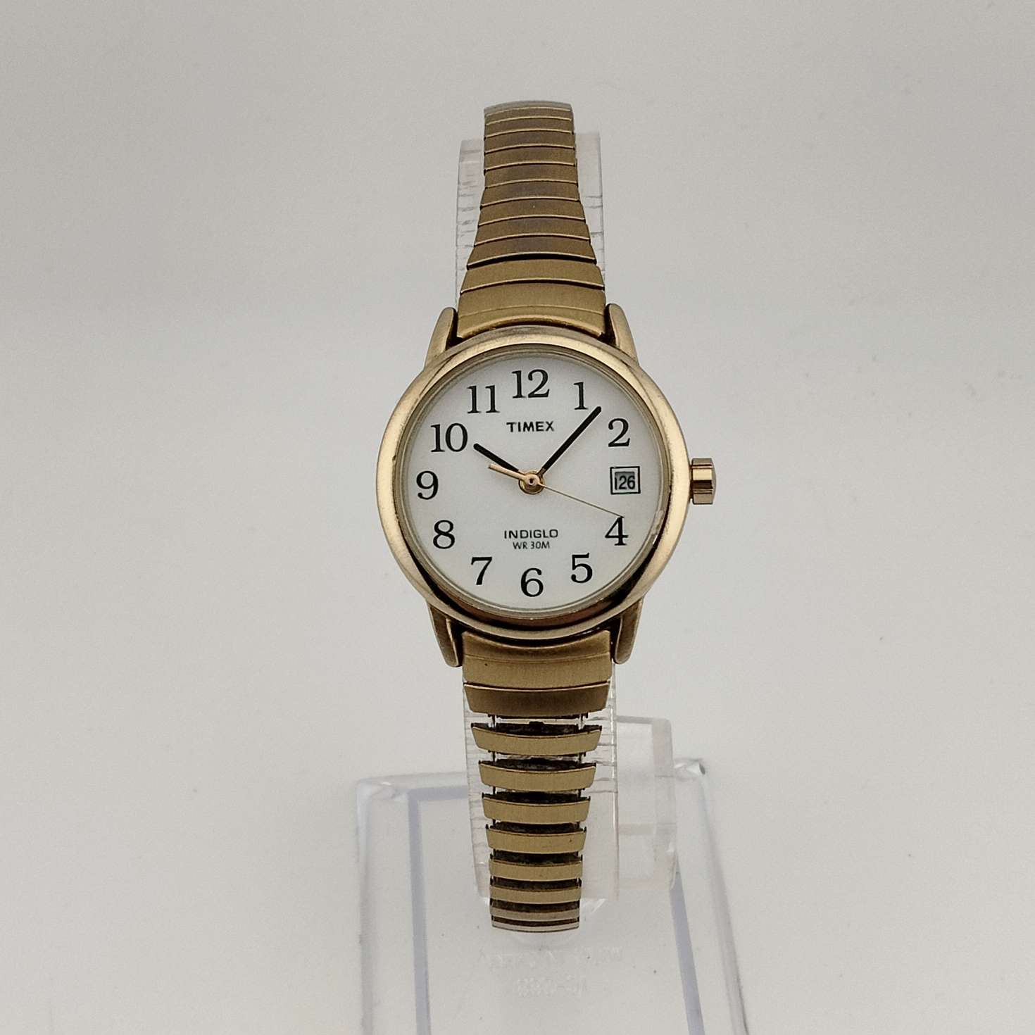 I Like Mikes Mid Century Modern Watches Timex Men's Gold Tone "Indiglo" Watch, White Round Dial, Stretch Strap