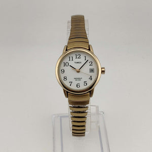 I Like Mikes Mid Century Modern Watches Timex Men's Gold Tone "Indiglo" Watch, White Round Dial, Stretch Strap