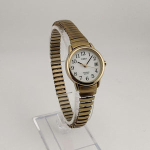 I Like Mikes Mid Century Modern Watches Timex Men's Gold Tone "Indiglo" Watch, White Round Dial, Stretch Strap