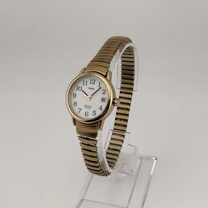 I Like Mikes Mid Century Modern Watches Timex Men's Gold Tone "Indiglo" Watch, White Round Dial, Stretch Strap