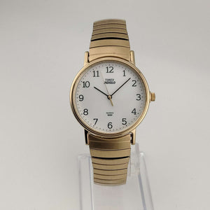 I Like Mikes Mid Century Modern Watches Timex Men's Gold Tone Watch, Circular White Dial, Stretch Strap