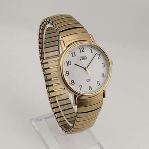I Like Mikes Mid Century Modern Watches Timex Men's Gold Tone Watch, Circular White Dial, Stretch Strap