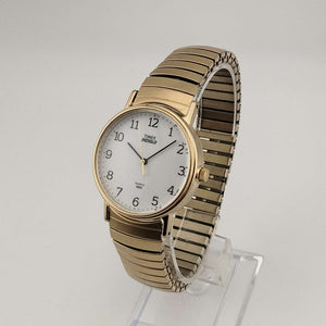 I Like Mikes Mid Century Modern Watches Timex Men's Gold Tone Watch, Circular White Dial, Stretch Strap