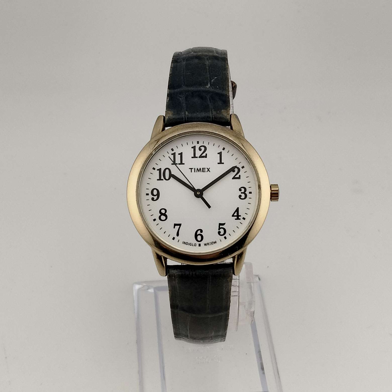 I Like Mikes Mid Century Modern Watches Timex Men's Gold Tone Watch, Round White Dial, Embossed Genuine Blue Leather Strap