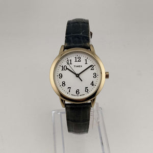 I Like Mikes Mid Century Modern Watches Timex Men's Gold Tone Watch, Round White Dial, Embossed Genuine Blue Leather Strap