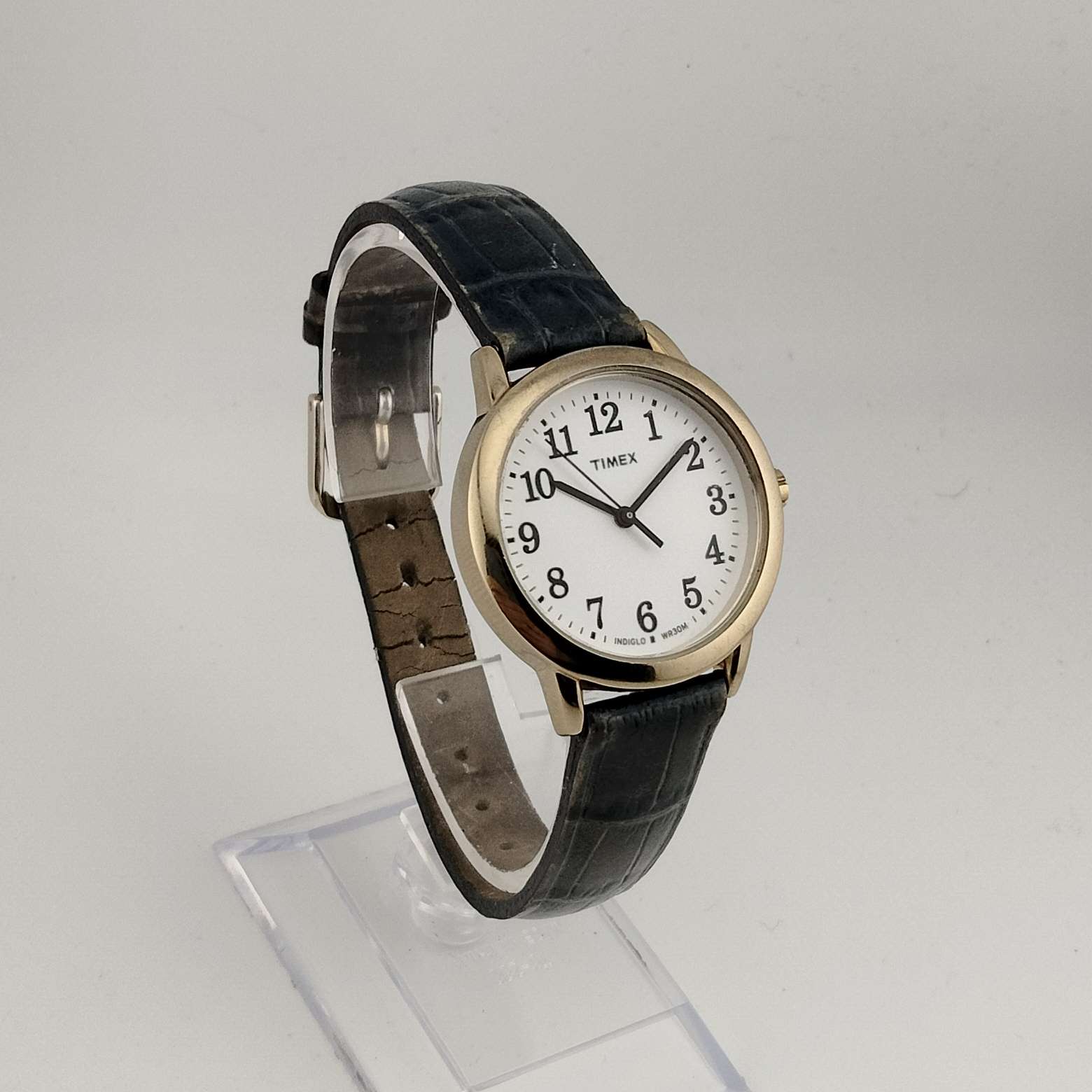 I Like Mikes Mid Century Modern Watches Timex Men's Gold Tone Watch, Round White Dial, Embossed Genuine Blue Leather Strap