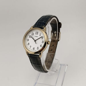 I Like Mikes Mid Century Modern Watches Timex Men's Gold Tone Watch, Round White Dial, Embossed Genuine Blue Leather Strap