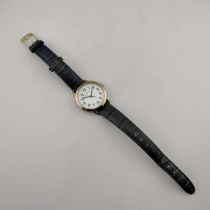 I Like Mikes Mid Century Modern Watches Timex Men's Gold Tone Watch, Round White Dial, Embossed Genuine Blue Leather Strap