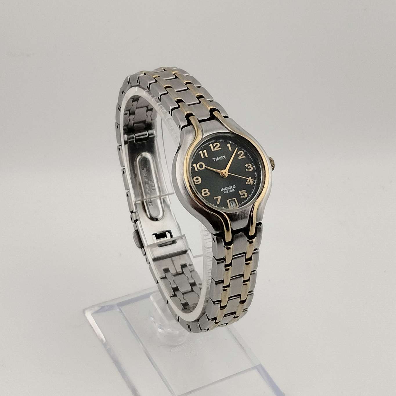 I Like Mikes Mid Century Modern Watches Timex Men's Silver Tone Indiglo Watch, Circular Grey Dial, Gold Tone Details, Date Window, Bracelet Strap