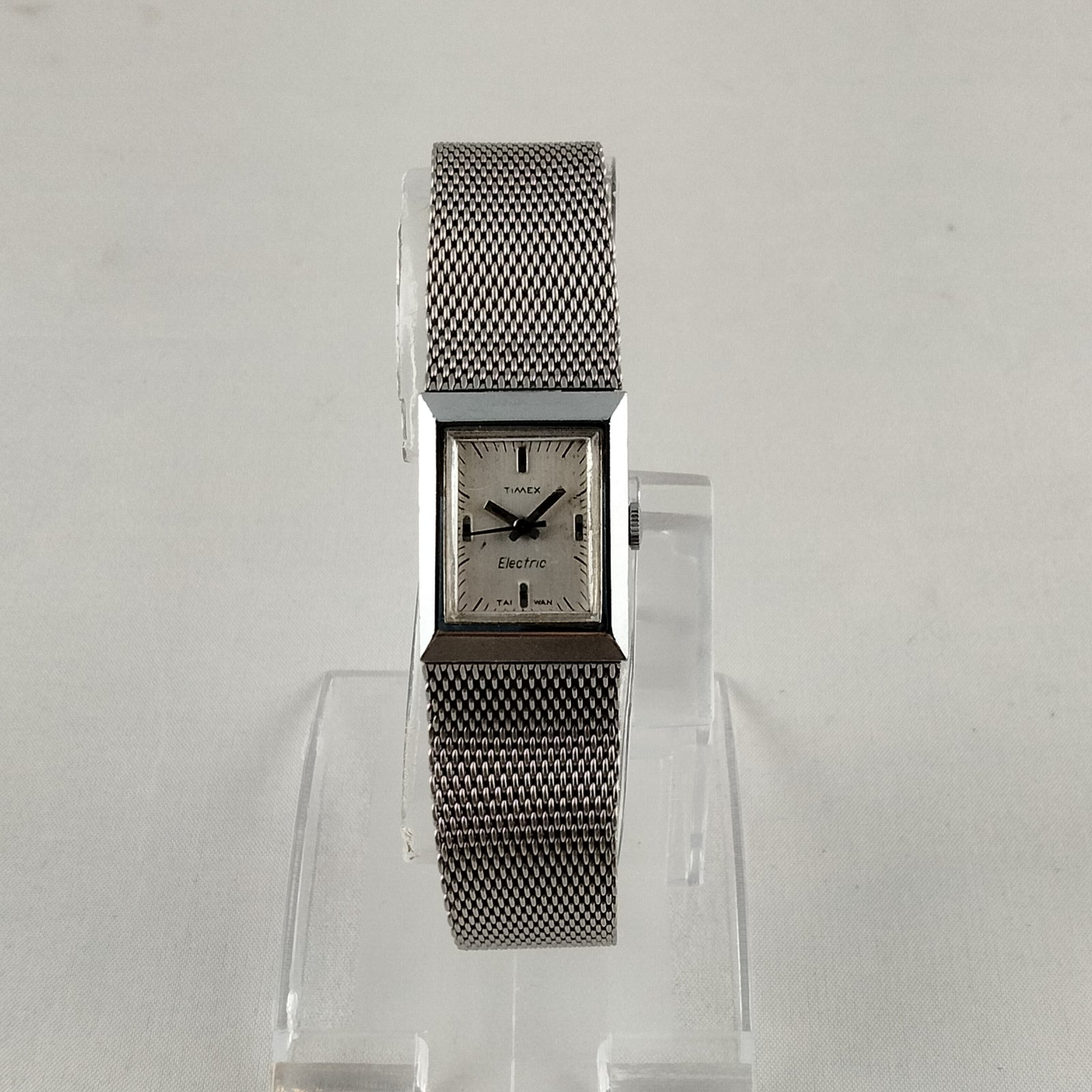 I Like Mikes Mid Century Modern Watches Timex Petite Electric Silver Tone Watch, Rectangular Dial, Mesh Strap