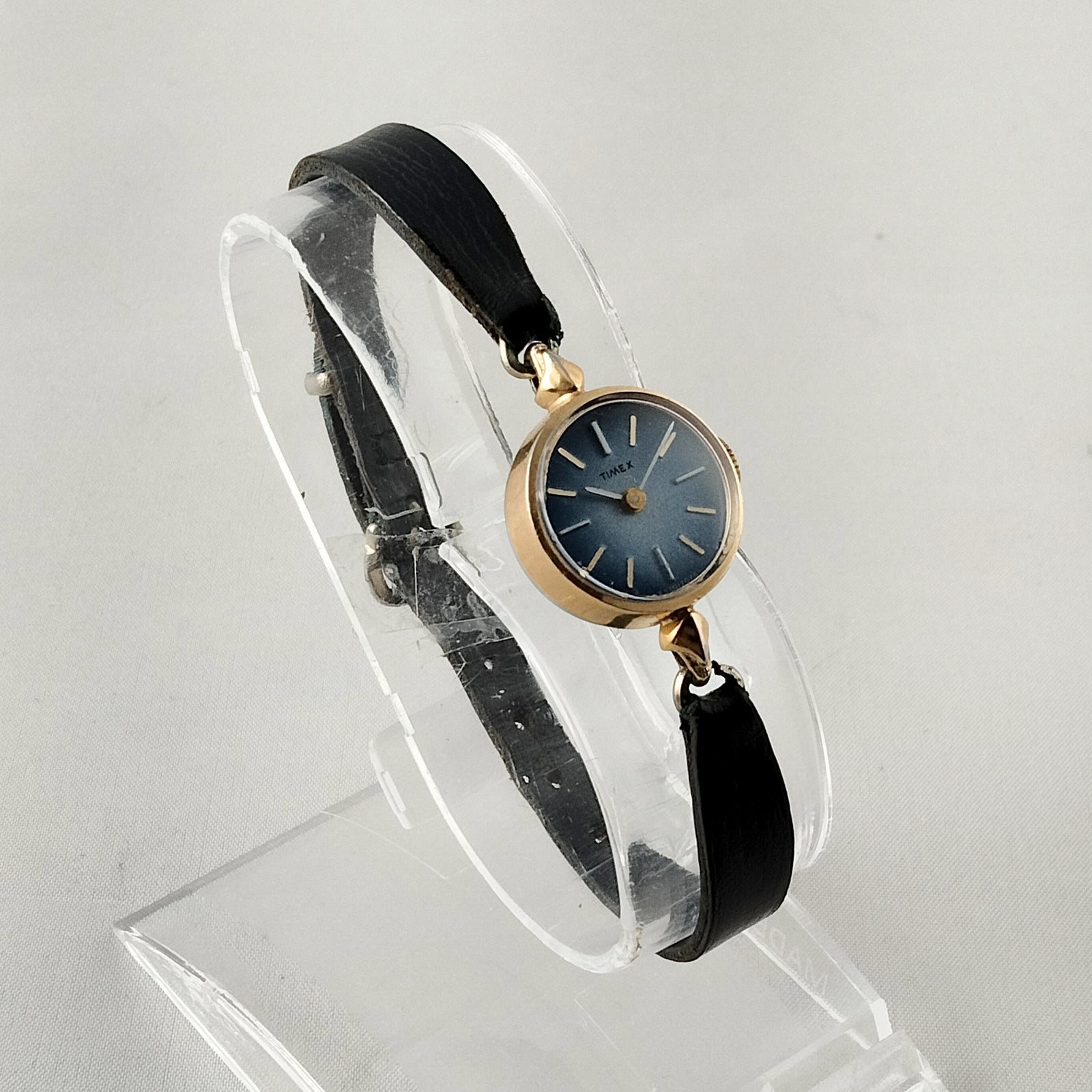 I Like Mikes Mid Century Modern Watches Timex Petite Women's Watch, Blue Gradient Dial, Thin Gray-Blue Leather Strap