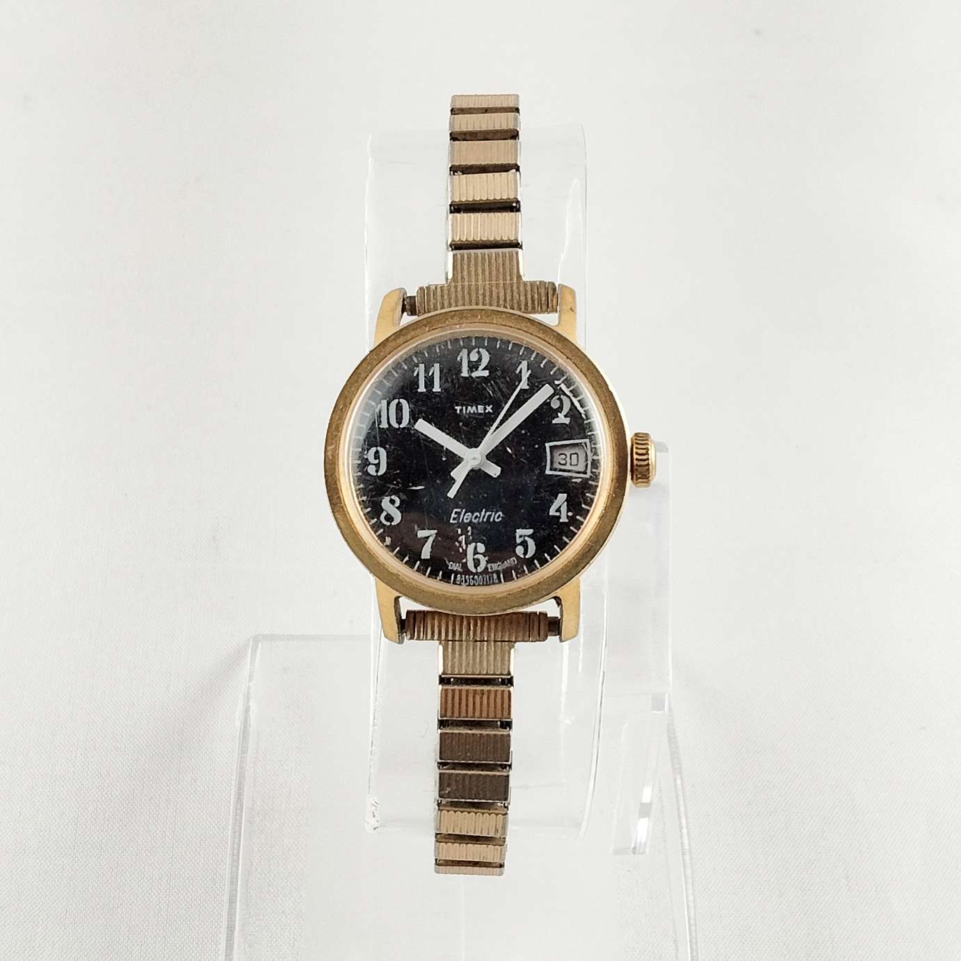 I Like Mikes Mid Century Modern Watches Timex Unisex Gold Tone Watch, Black Dial, Thin Stretch Strap