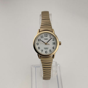 I Like Mikes Mid Century Modern Watches Timex Unisex Gold Tone Watch, Circular White Dial, Date Window, Stretch Strap