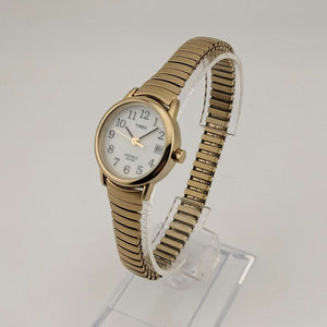 I Like Mikes Mid Century Modern Watches Timex Unisex Gold Tone Watch, Circular White Dial, Date Window, Stretch Strap