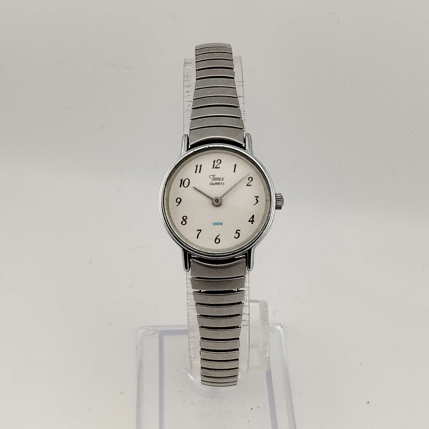 I Like Mikes Mid Century Modern Watches Timex Unisex Silver Tone Quartz Watch, White Circular Dial, Stretch Strap