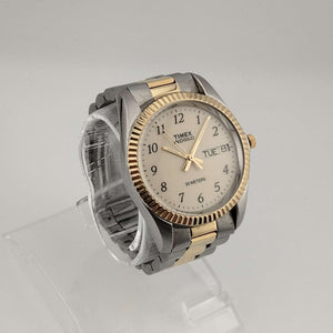 I Like Mikes Mid Century Modern Watches Timex Unisex Silver Tone Watch, Gold Tone Details, Date and Day Window, Bracelet Strap