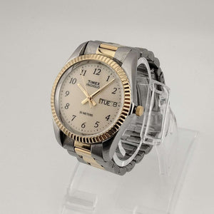 I Like Mikes Mid Century Modern Watches Timex Unisex Silver Tone Watch, Gold Tone Details, Date and Day Window, Bracelet Strap