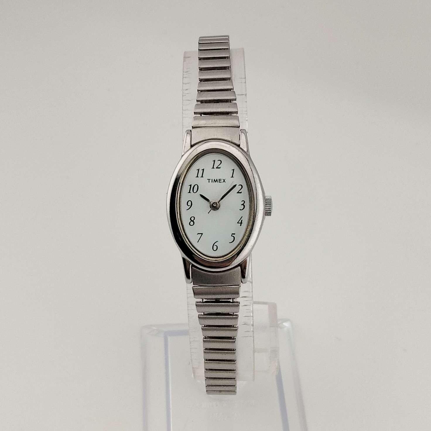I Like Mikes Mid Century Modern Watches Timex Unisex Silver Tone Watch, Oval Dial, Stretch Strap