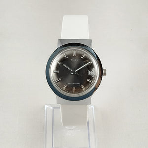 I Like Mikes Mid Century Modern Watches Timex Unisex Watch, Large Dark Metal Dial, White Leather Strap