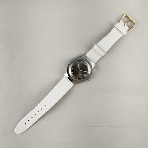 I Like Mikes Mid Century Modern Watches Timex Unisex Watch, Large Dark Metal Dial, White Leather Strap