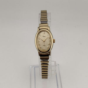 I Like Mikes Mid Century Modern Watches Timex Women's All Gold Tone Quartz Watch, Vertical Oval Dial, Stretch Strap