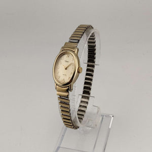 I Like Mikes Mid Century Modern Watches Timex Women's All Gold Tone Quartz Watch, Vertical Oval Dial, Stretch Strap
