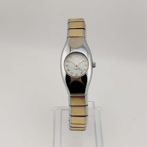 I Like Mikes Mid Century Modern Watches Timex Women's Mixed Metal Tone Watch, Circular Dial, Large Oval Bezel, Stretch Strap