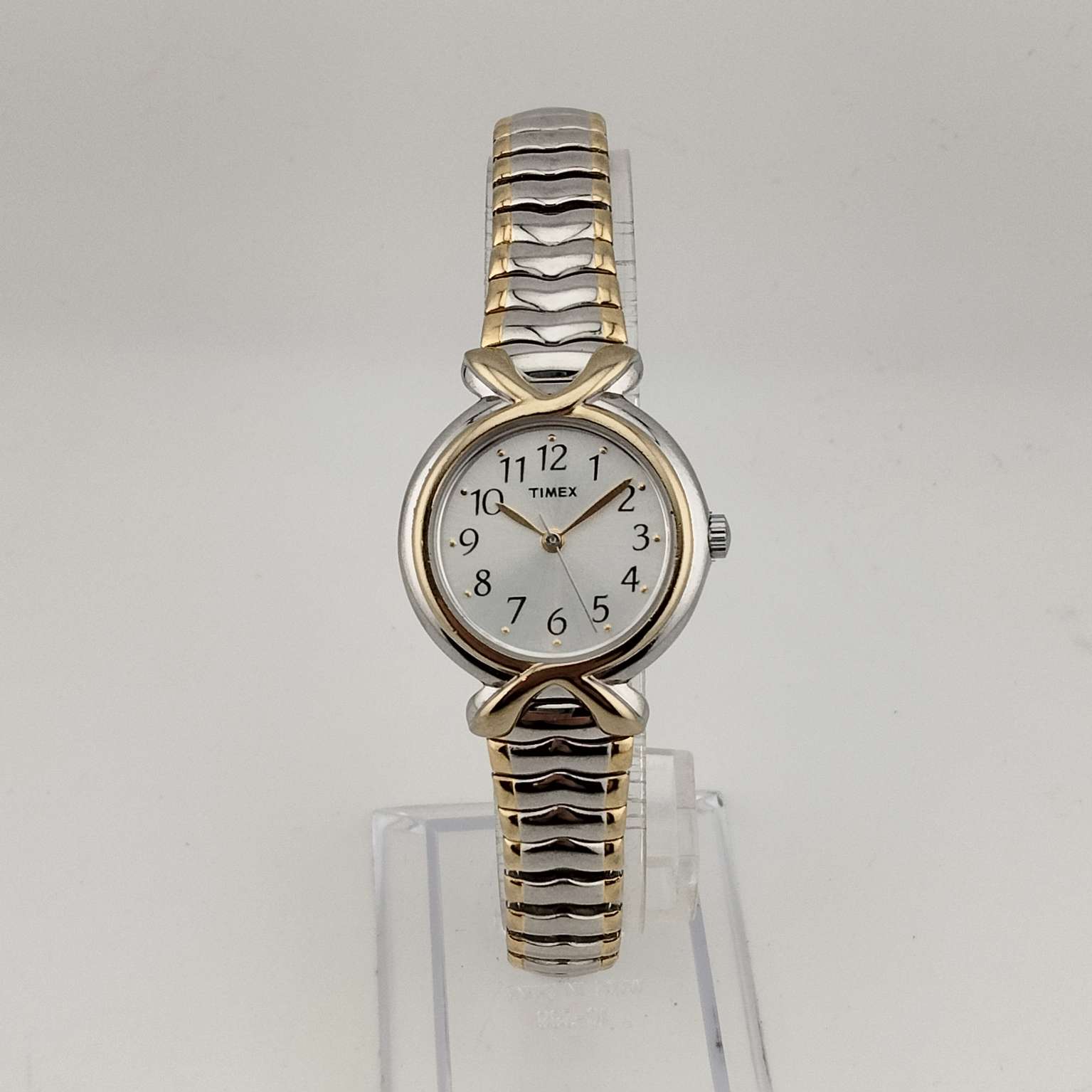 I Like Mikes Mid Century Modern Watches Timex Women's Mixed Metal Watch, Round Dial, Bezel Detail, Stretch Strap