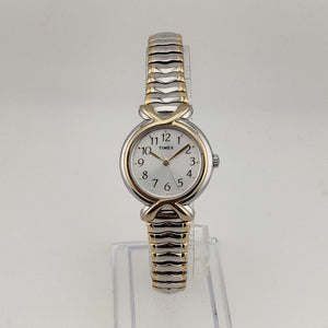 I Like Mikes Mid Century Modern Watches Timex Women's Mixed Metal Watch, Round Dial, Bezel Detail, Stretch Strap