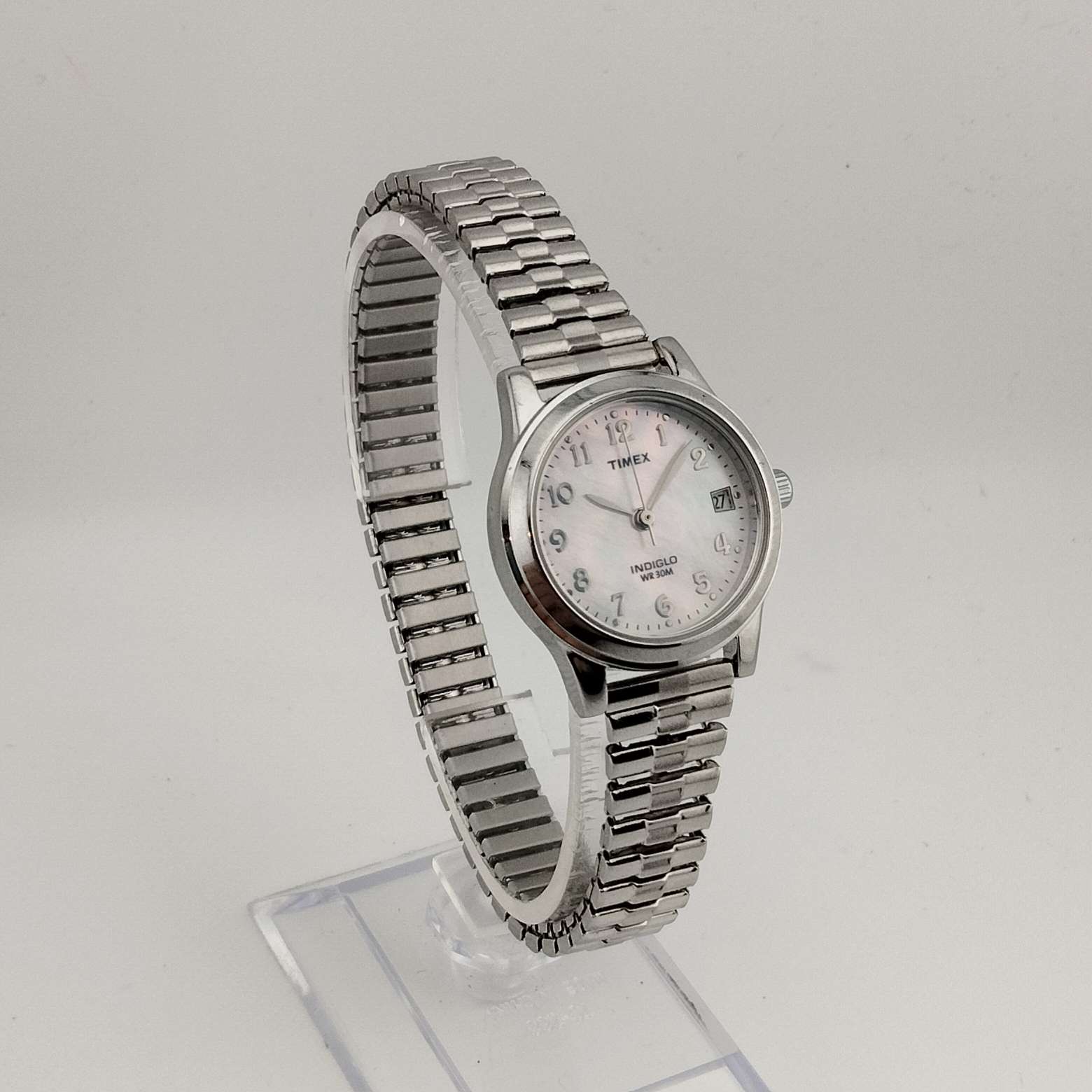 I Like Mikes Mid Century Modern Watches Timex Women's Silver Tone "Indiglo" Watch, Round Mother of Pearl Dial, Date Window, Stretch Strap