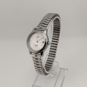 I Like Mikes Mid Century Modern Watches Timex Women's Silver Tone "Indiglo" Watch, Round Mother of Pearl Dial, Date Window, Stretch Strap