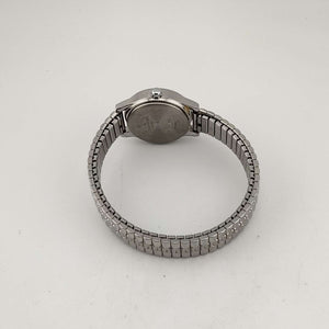 I Like Mikes Mid Century Modern Watches Timex Women's Silver Tone "Indiglo" Watch, Round Mother of Pearl Dial, Date Window, Stretch Strap