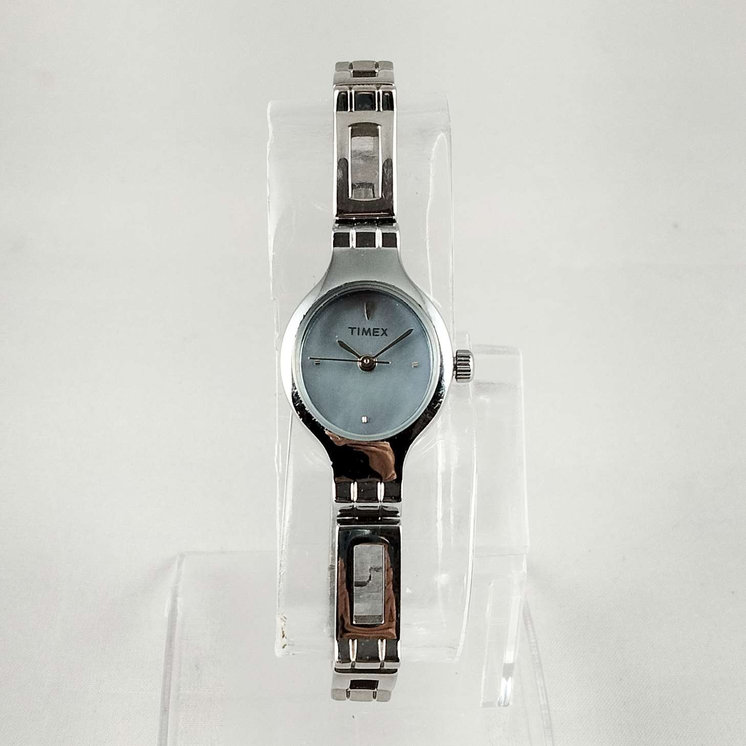 I Like Mikes Mid Century Modern Watches Timex Women's Silver Tone Watch, Blue Mother of Pearl Dial