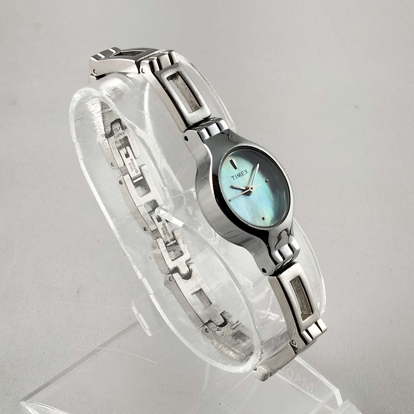 I Like Mikes Mid Century Modern Watches Timex Women's Silver Tone Watch, Blue Mother of Pearl Dial