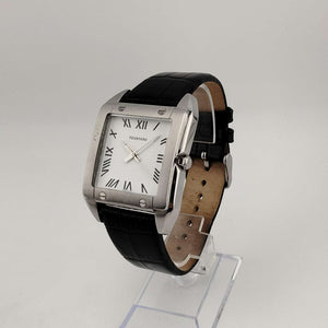 I Like Mikes Mid Century Modern Watches Tourneau Men's Large Silver Tone Watch, White Square Dial, Black Genuine Leather Strap