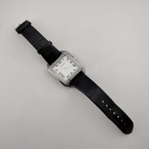 I Like Mikes Mid Century Modern Watches Tourneau Men's Large Silver Tone Watch, White Square Dial, Black Genuine Leather Strap